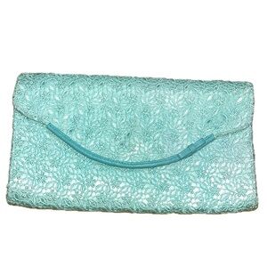 Banana Republic Light Blue Leather Envelope Trim Lace Clutch